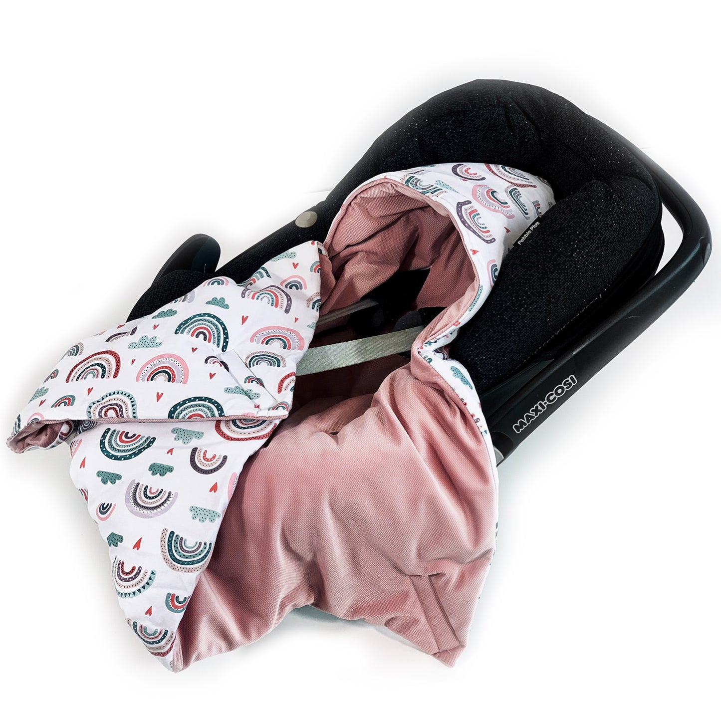 Einschlagdecke für Babyschale Autositz Universal Weich Warm mit Füllung Baby Decke Rosa Altrosa Regenbogen Mädchen