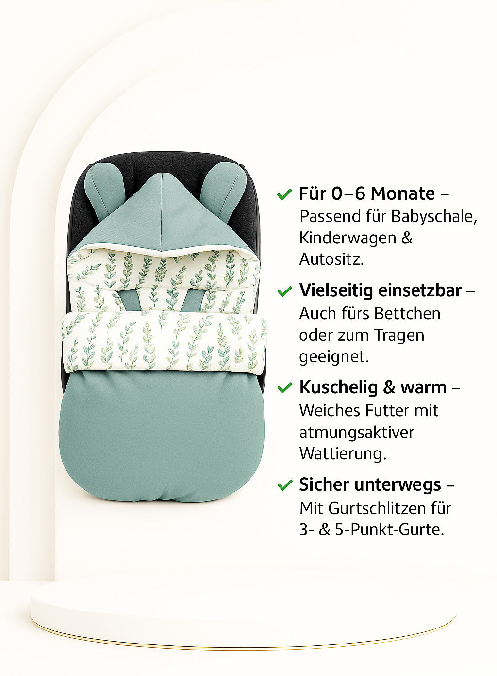 Winterfußsack Fußsack Babyschale Winter Herbst Babyfußsack warm, Einschlagdecke Baby Kinderwagen Bett Wiege Buggy universal 3-Punkt und 5-Punkt Gurt EUKALYPTUS