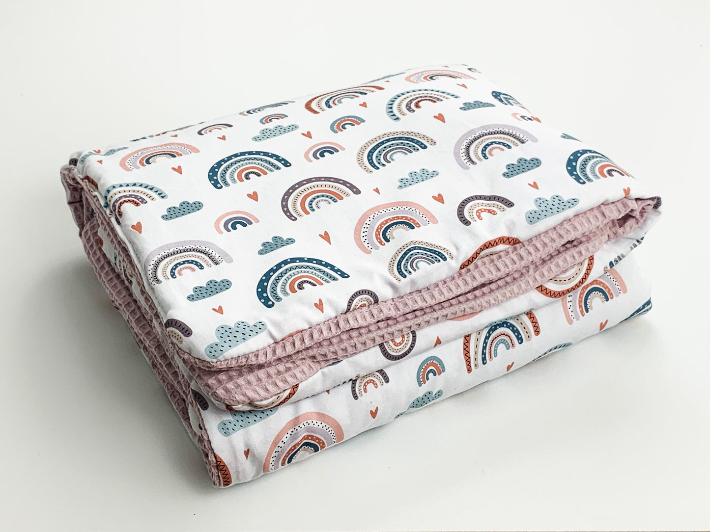 Babydecke 100x75 cm Kuscheldecke 100% Baumwolle Waffelstoff Warm Rosa Altrosa Regenbogen