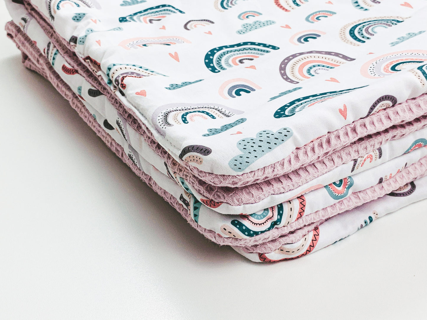 Babydecke 100x75 cm Kuscheldecke 100% Baumwolle Waffelstoff Warm Rosa Altrosa Regenbogen