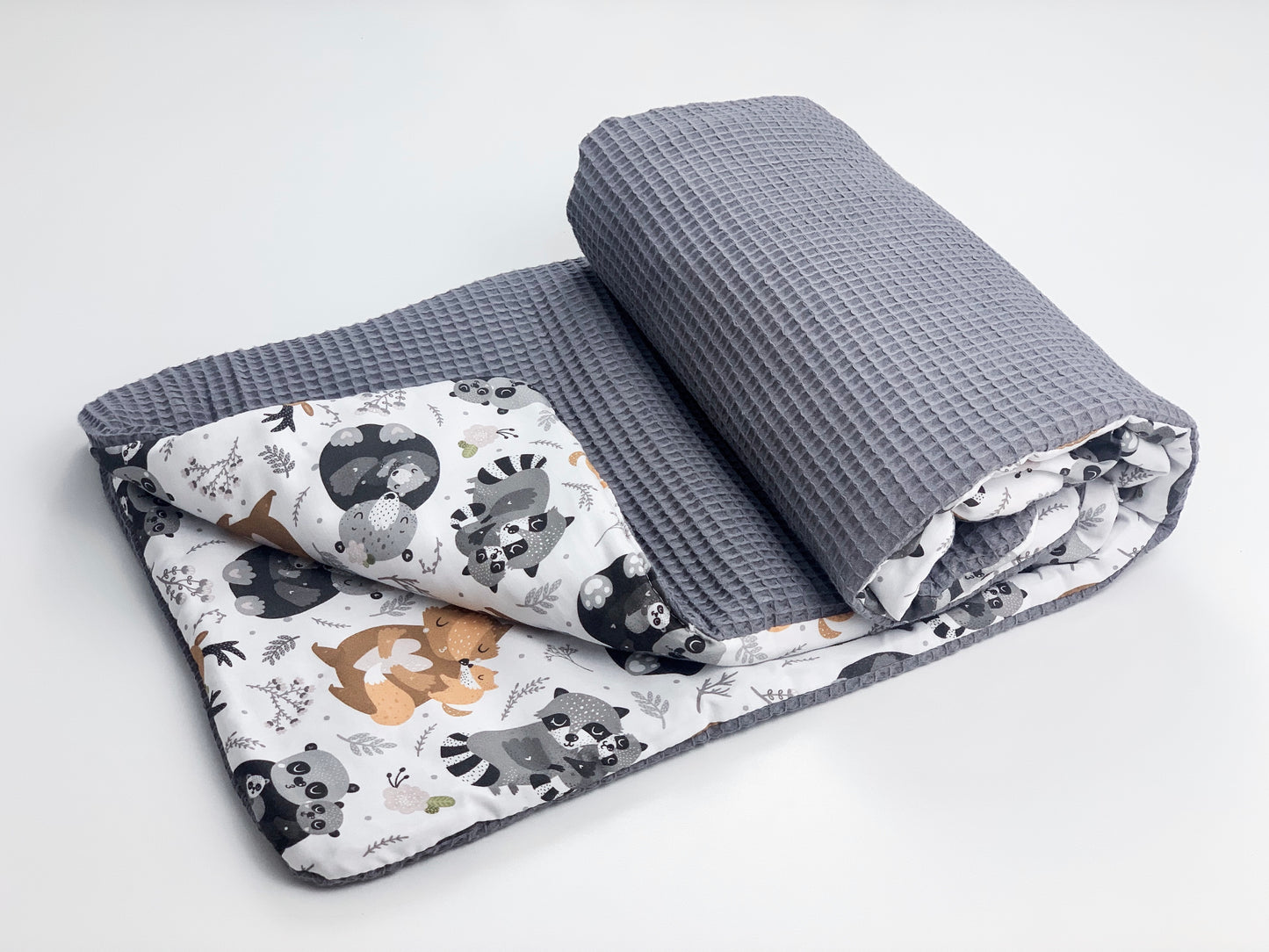 Babydecke 100x75 cm Kuscheldecke 100% Baumwolle Waffelstoff Warm Grau Waldtiere