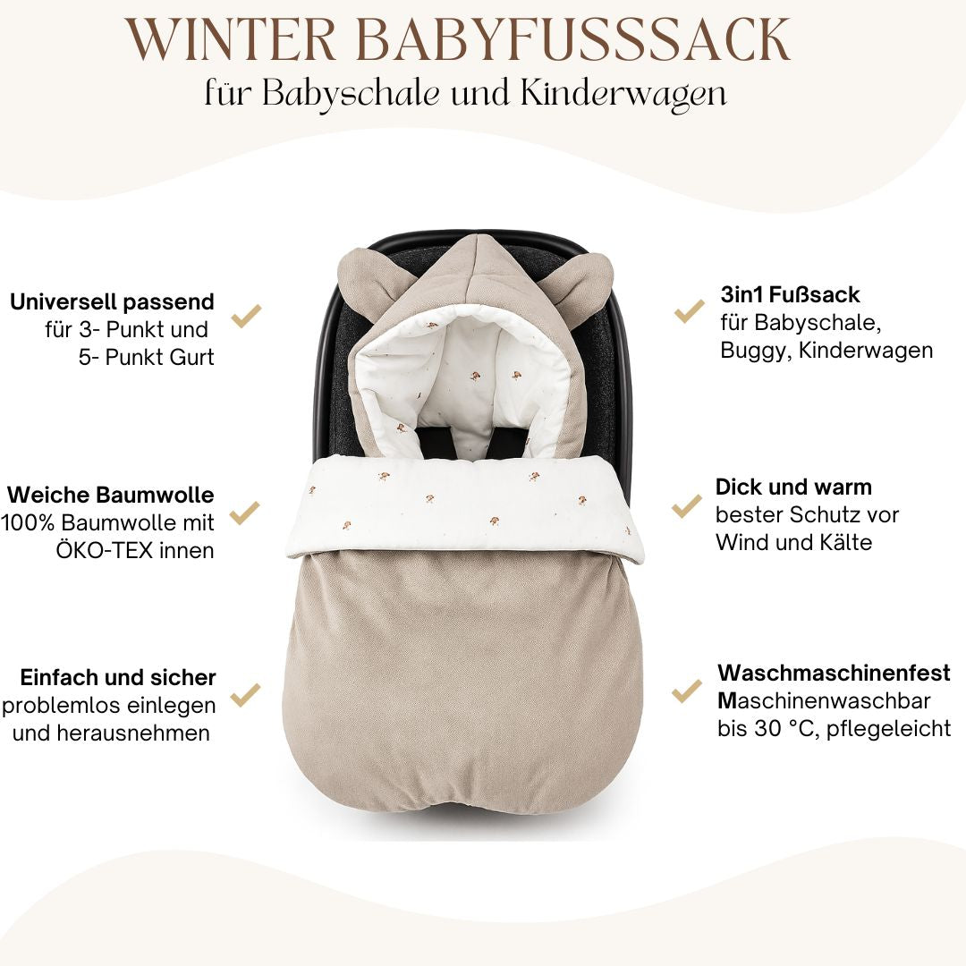 Winterfußsack Fußsack Babyschale Winter Herbst Babyfußsack warm, Einschlagdecke Baby Kinderwagen Bett Wiege Buggy universal 3-Punt und 5-Punkt Gurt BEIGE