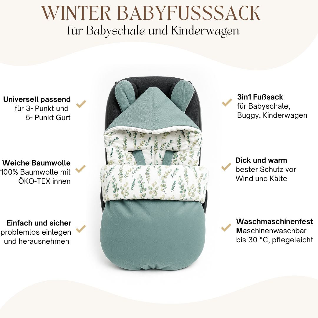 Winterfußsack Fußsack Babyschale Winter Herbst Babyfußsack warm, Einschlagdecke Baby Kinderwagen Bett Wiege Buggy universal 3-Punkt und 5-Punkt Gurt EUKALYPTUS