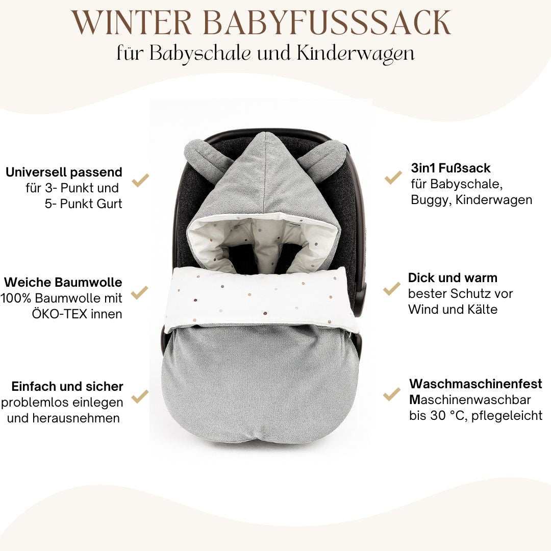 Winterfußsack Fußsack Babyschale Winter Herbst Babyfußsack warm, Einschlagdecke Baby Kinderwagen Bett Wiege Buggy universal 3-Punkt und 5-Punkt Gurt GRAU