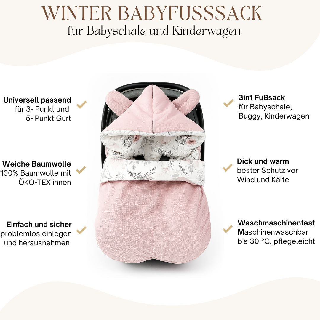 Winterfußsack Fußsack Babyschale Winter Herbst Babyfußsack warm, Einschlagdecke Baby Kinderwagen Bett Wiege Buggy universal 3-Punkt und 5-Punkt Gurt ROSA