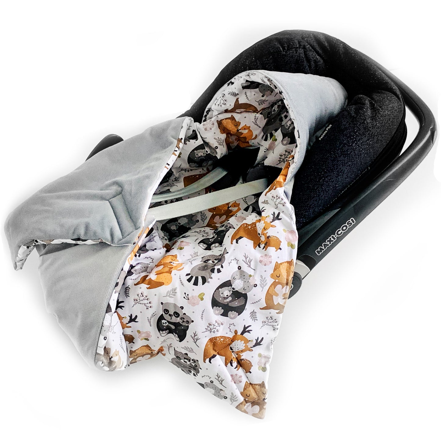 Einschlagdecke für Babyschale Autositz Universal Weich Warm mit Füllung Baby Decke Grau Waldtiere Fuchs Junge