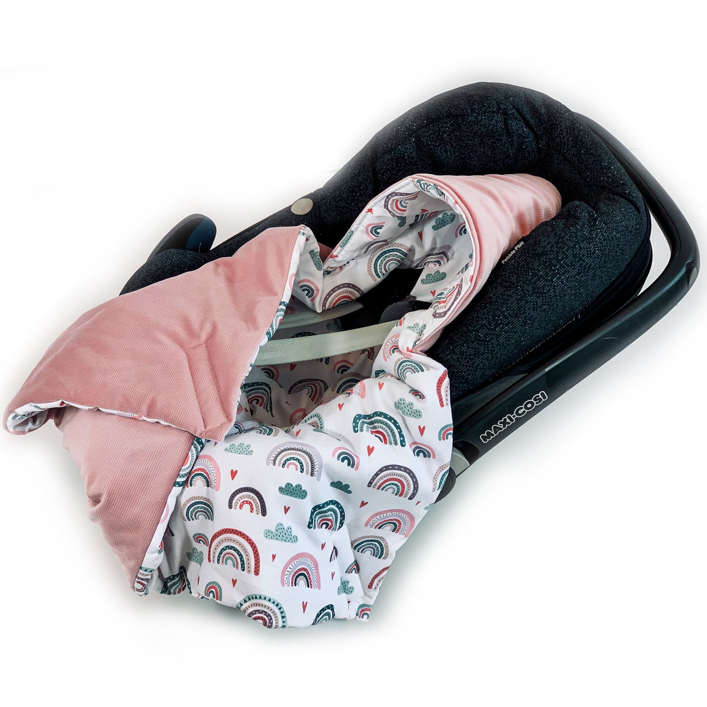 Einschlagdecke für Babyschale Autositz Universal Weich Warm mit Füllung Baby Decke Rosa Altrosa Regenbogen Mädchen
