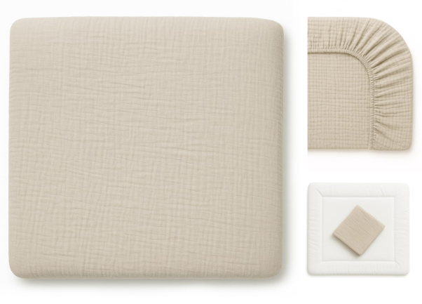 Wickelauflagenbezug 100% Baumwolle Musselin Bezug für Wickelauflage 85x75 und 75x75 cm – weicher Wickeauflagenüberzug, atmungsaktiv & waschbar (beige)