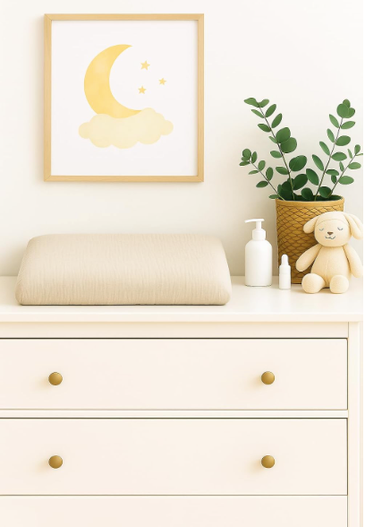 Wickelauflagenbezug 100% Baumwolle Musselin Bezug für Wickelauflage 85x75 und 75x75 cm – weicher Wickeauflagenüberzug, atmungsaktiv & waschbar (beige)