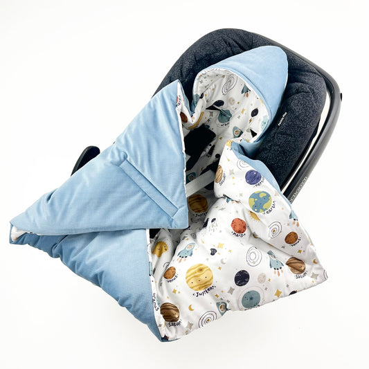Einschlagdecke für Babyschale Autositz Universal Weich Warm mit Füllung Baby Decke Blau Weltall Junge