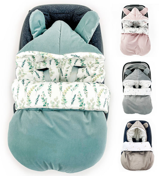 Winterfußsack Fußsack Babyschale Winter Herbst Babyfußsack warm, Einschlagdecke Baby Kinderwagen Bett Wiege Buggy universal 3-Punkt und 5-Punkt Gurt EUKALYPTUS